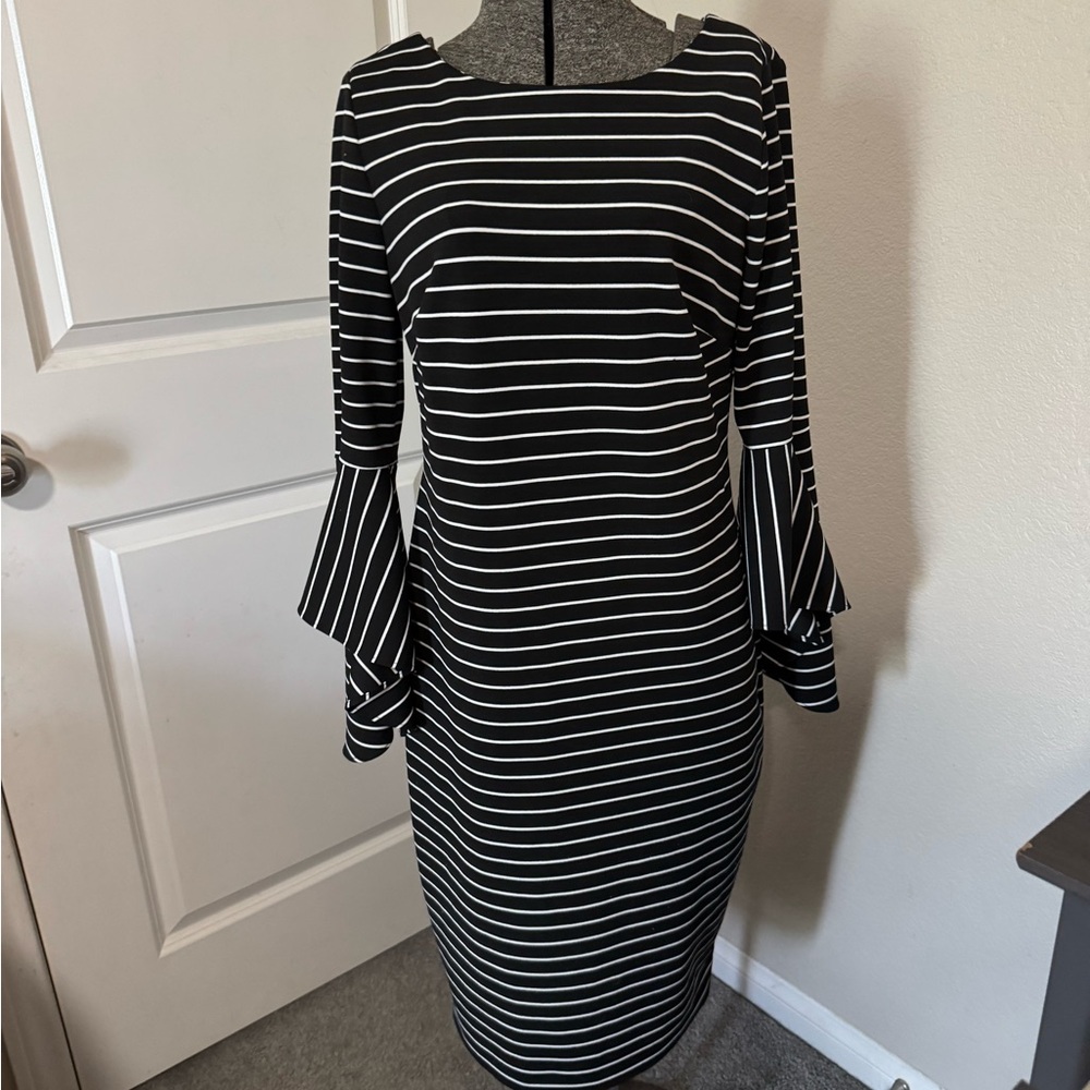 Calvin Klein Black and White Striped Midi Dress